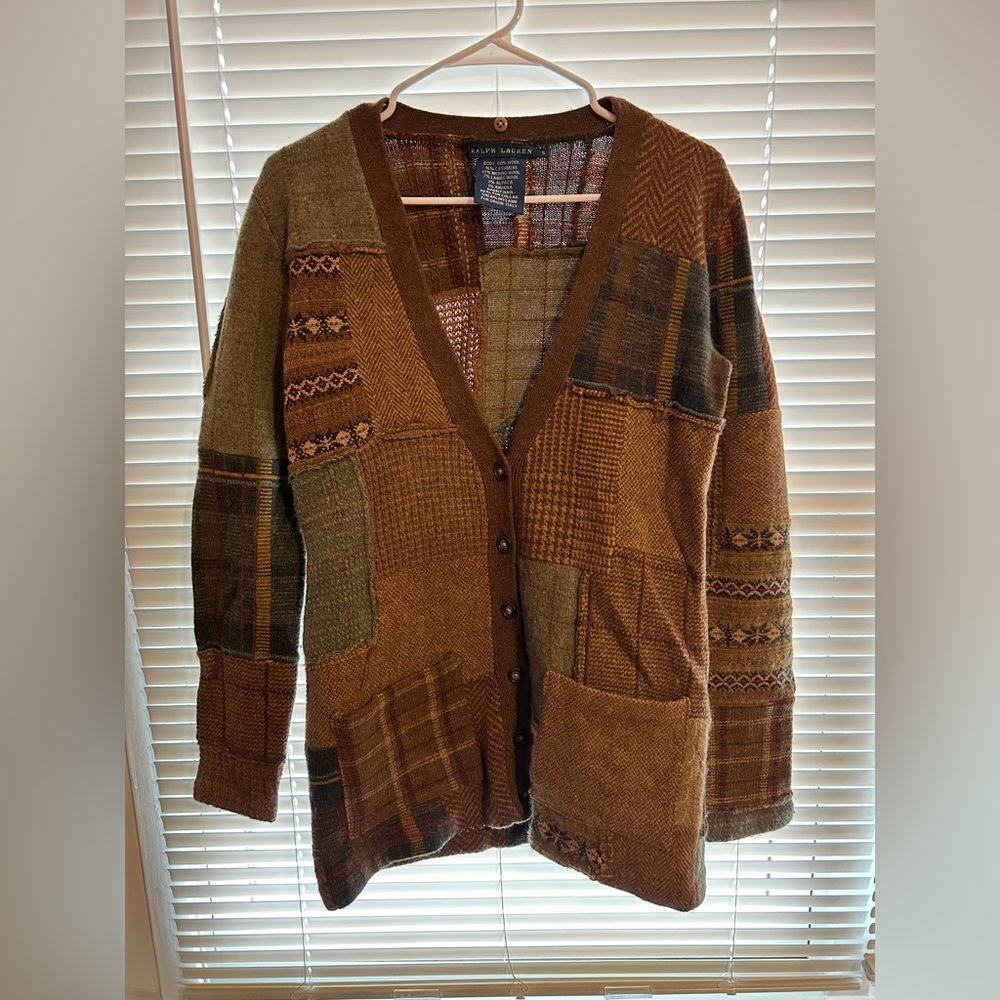 RARE VTG Ralph Lauren Blue Label Cardigan Sweater Patchwork Tweed Wool Cashmere